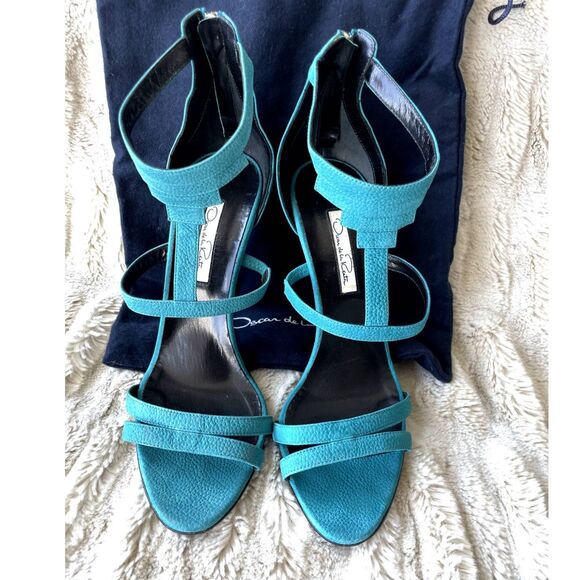 Oscar de la Renta Teal Blue Strappy Stiletto Heels Size 39 / US 8.5 - Picture 2 of 7
